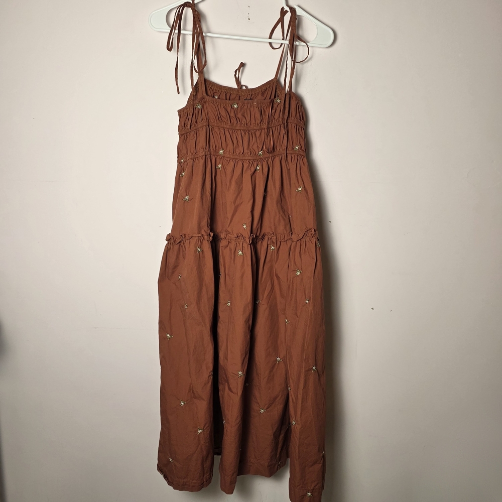 En Saison Embroidered Midi Dress Tie Strap Brown Cottagecore Boho Size Large - Picture 2 of 5